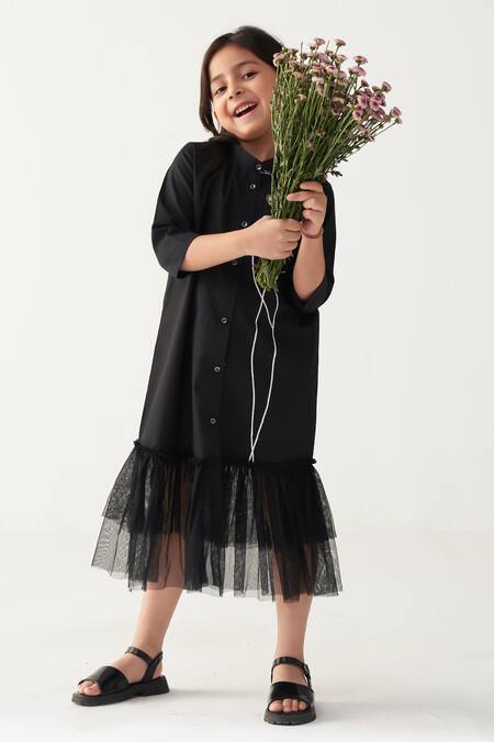 Shop_Three_Black Poplin, Net Applique Poppy Dress _Online_at_Aza_Fashions