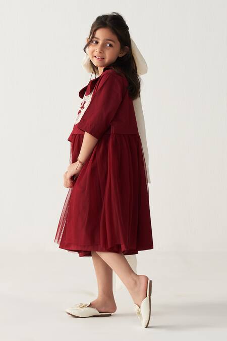 Three_Cream Poplin, Net Applique Crimson Red Floral Dress _Online_at_Aza_Fashions