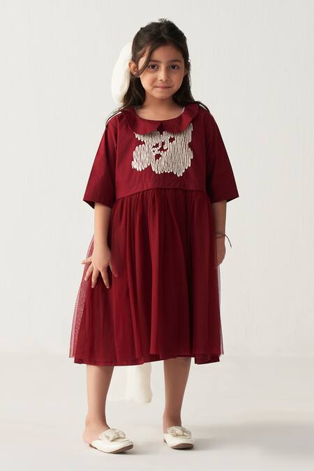 Buy_Three_Cream Poplin, Net Applique Crimson Red Floral Dress _Online_at_Aza_Fashions