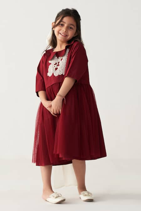 Shop_Three_Cream Poplin, Net Applique Crimson Red Floral Dress _Online_at_Aza_Fashions