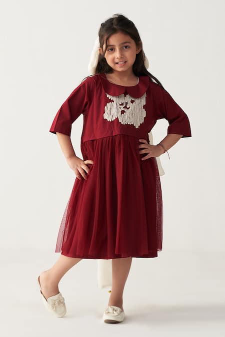 Three Crimson Red Floral Applique Dress 