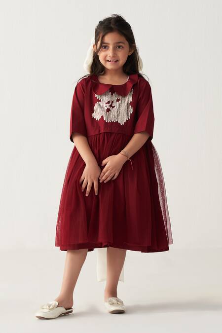 Three_Cream Poplin, Net Applique Crimson Red Floral Dress _at_Aza_Fashions