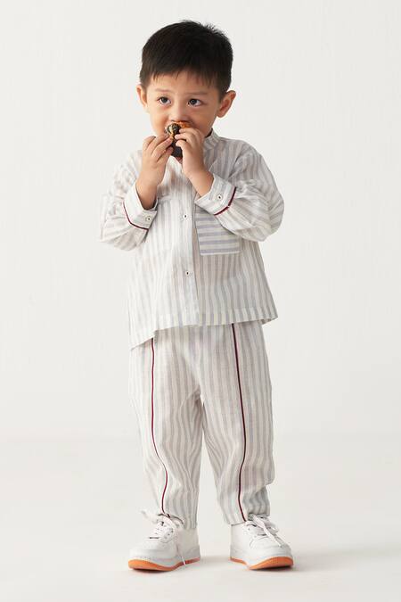 Three_Blue Stripe Band Collar Shirt_Online_at_Aza_Fashions