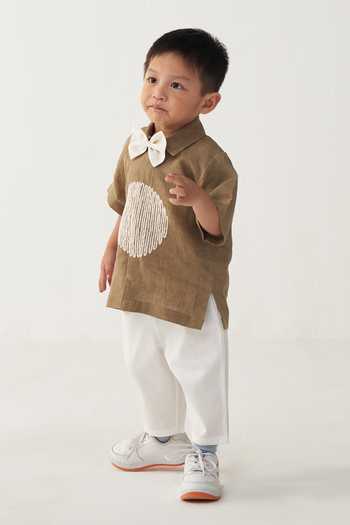 Shop Three Beige Linen Applique Embroidered Circle Shirt Online at Aza Fashions Shop_Three_Beige Linen Applique Embroidered Circle Shirt _Online_at_Aza_Fashions