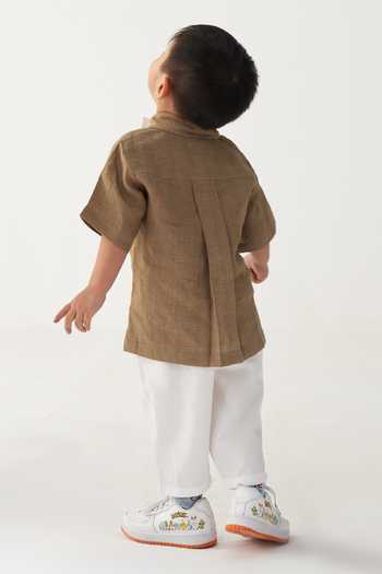 Three Beige Linen Applique Embroidered Circle Shirt at Aza Fashions Three_Beige Linen Applique Embroidered Circle Shirt _at_Aza_Fashions