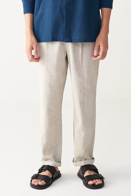 Three_Blue Handloom Cotton Embroidery Floral Indigo Shirt And Pant Set _Online_at_Aza_Fashions