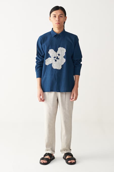 Three Blue Handloom Cotton Embroidery Floral Indigo Shirt And Pant Set