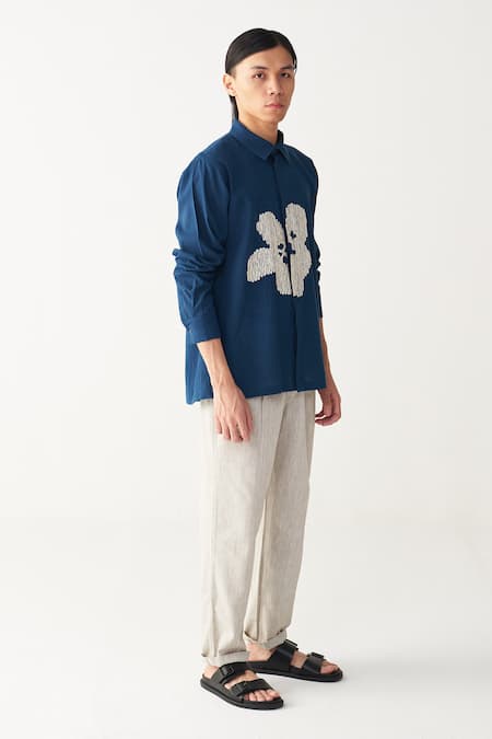 Buy_Three_Blue Handloom Cotton Embroidery Floral Indigo Shirt And Pant Set _Online_at_Aza_Fashions