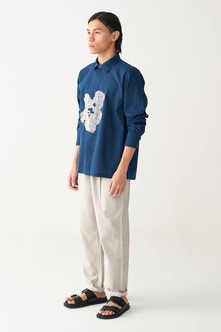 Shop_Three_Blue Handloom Cotton Embroidery Floral Indigo Shirt And Pant Set _Online_at_Aza_Fashions