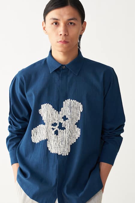 Three_Blue Handloom Cotton Embroidery Floral Indigo Shirt And Pant Set _at_Aza_Fashions