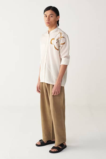 Three Ivory Chanderi, Linen Embroidery Floral Rope Shirt And Pant Set at Aza Fashions Three_Ivory Chanderi, Linen Embroidery Floral Rope Shirt And Pant Set _at_Aza_Fashions