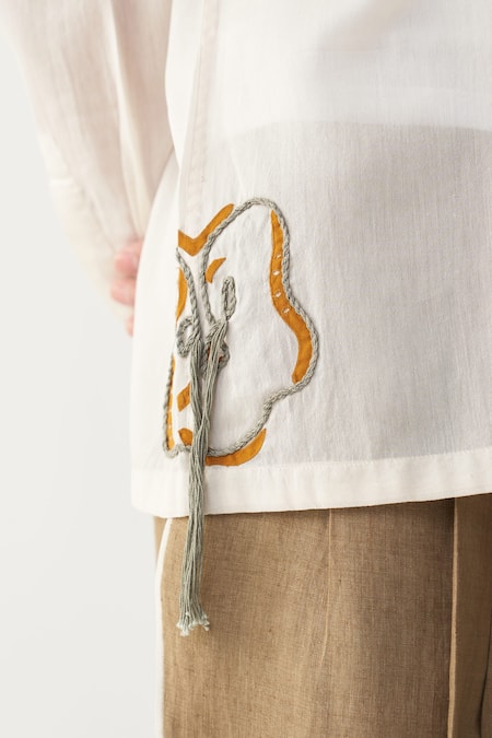 Buy Three Ivory Chanderi, Linen Embroidery Floral Rope Shirt And Pant Set Buy_Three_Ivory Chanderi, Linen Embroidery Floral Rope Shirt And Pant Set