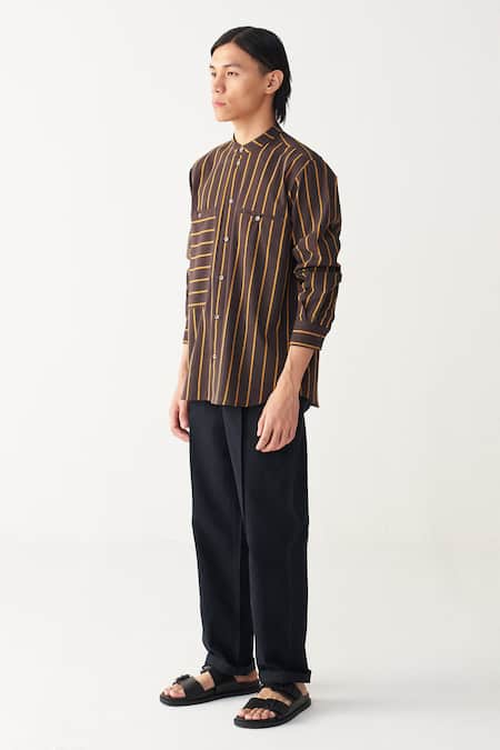 Three_Charcoal Handloom Cotton Brown Stripe Shirt_Online_at_Aza_Fashions