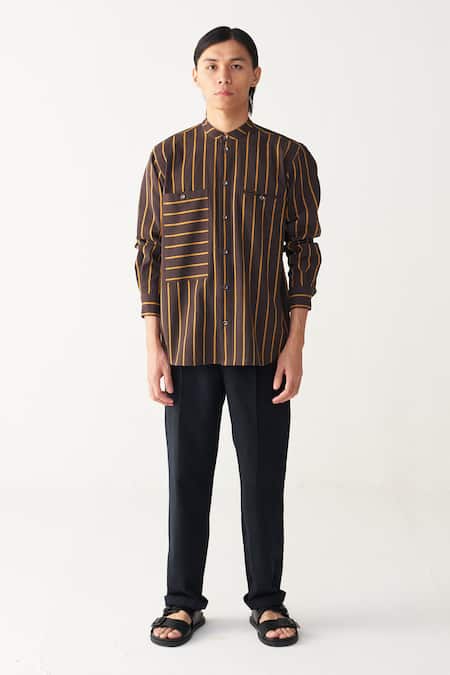 Buy_Three_Charcoal Handloom Cotton Brown Stripe Shirt_Online_at_Aza_Fashions