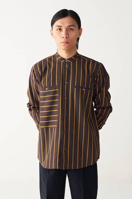 Three Charcoal Handloom Cotton Brown Stripe Shirt 