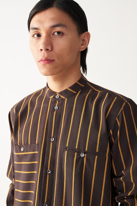 Shop_Three_Charcoal Handloom Cotton Brown Stripe Shirt_Online_at_Aza_Fashions