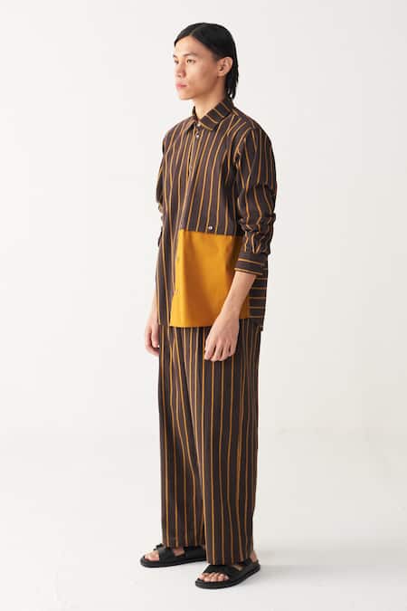 Three_Charcoal Handloom Cotton Brown Mustard Stripe Shirt_Online_at_Aza_Fashions