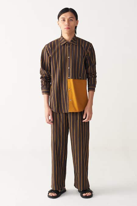 Buy_Three_Charcoal Handloom Cotton Brown Mustard Stripe Shirt_Online_at_Aza_Fashions