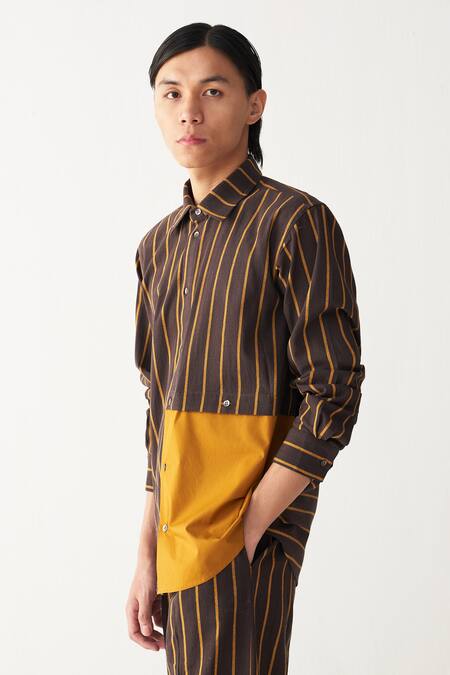 Shop_Three_Charcoal Handloom Cotton Brown Mustard Stripe Shirt_Online_at_Aza_Fashions