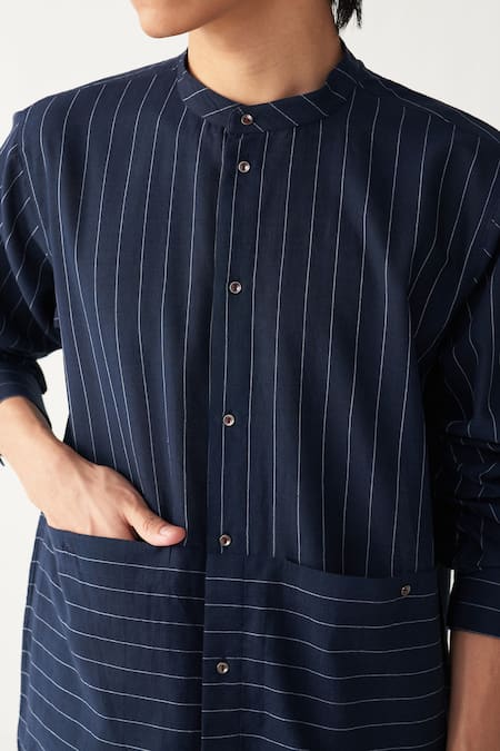 Shop_Three_Navy Cotton Blue Front Pocket Shirt _Online_at_Aza_Fashions