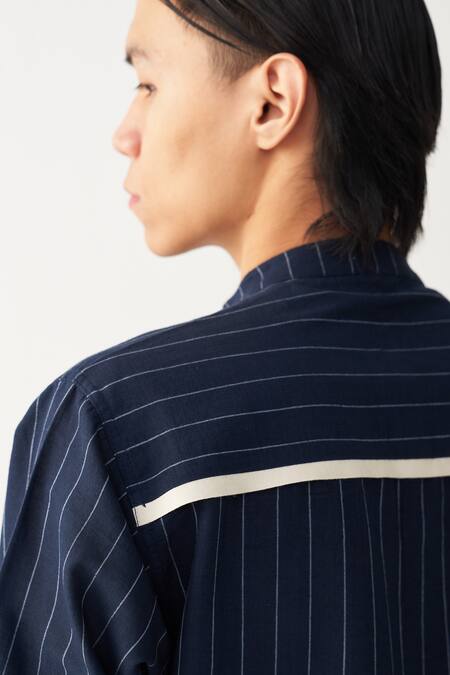 Three_Navy Cotton Blue Front Pocket Shirt _at_Aza_Fashions