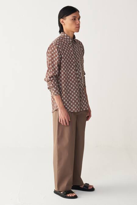 Three Brown Silk, Crepe Piping All Over Brick Print Shirt Online at Aza Fashions Three_Brown Silk, Crepe Piping All Over Brick Print Shirt _Online_at_Aza_Fashions