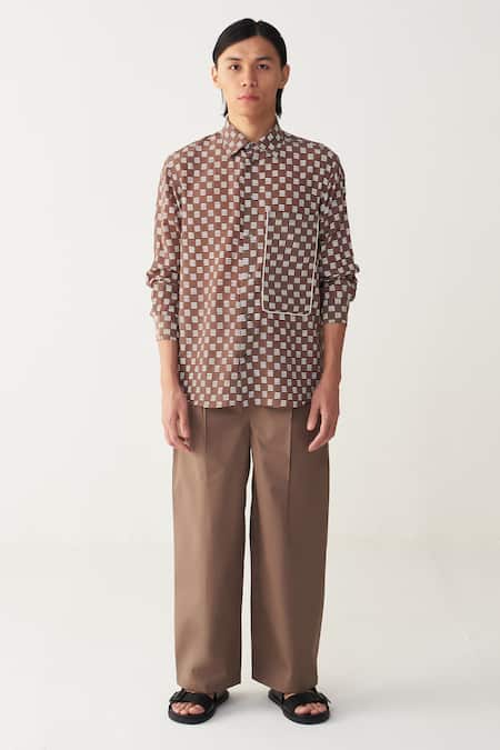 Buy Three Brown Silk, Crepe Piping All Over Brick Print Shirt Online at Aza Fashions Buy_Three_Brown Silk, Crepe Piping All Over Brick Print Shirt _Online_at_Aza_Fashions