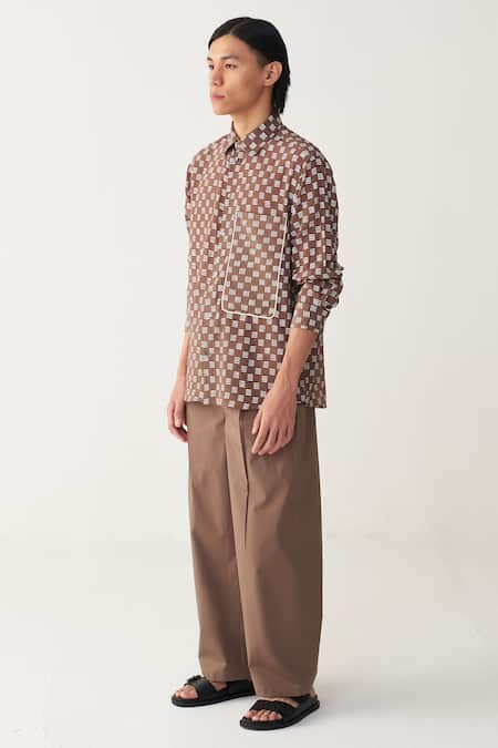 Shop Three Brown Silk, Crepe Piping All Over Brick Print Shirt Online at Aza Fashions Shop_Three_Brown Silk, Crepe Piping All Over Brick Print Shirt _Online_at_Aza_Fashions