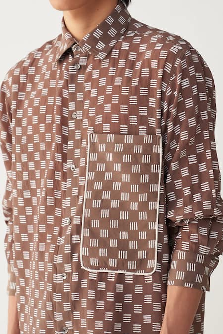 Three Brown Silk, Crepe Piping All Over Brick Print Shirt at Aza Fashions Three_Brown Silk, Crepe Piping All Over Brick Print Shirt _at_Aza_Fashions