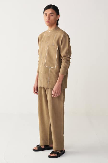 Three Beige Linen Piping Abstract Embroidered Shirt Online at Aza Fashions Three_Beige Linen Piping Abstract Embroidered Shirt _Online_at_Aza_Fashions