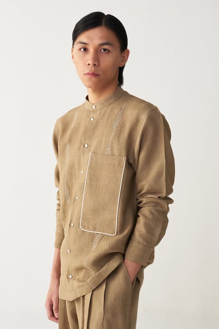 Buy Three Beige Linen Piping Abstract Embroidered Shirt Online at Aza Fashions Buy_Three_Beige Linen Piping Abstract Embroidered Shirt _Online_at_Aza_Fashions
