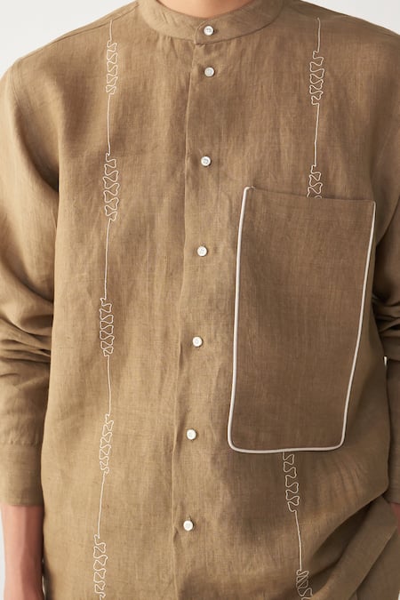 Shop Three Beige Linen Piping Abstract Embroidered Shirt Online at Aza Fashions Shop_Three_Beige Linen Piping Abstract Embroidered Shirt _Online_at_Aza_Fashions