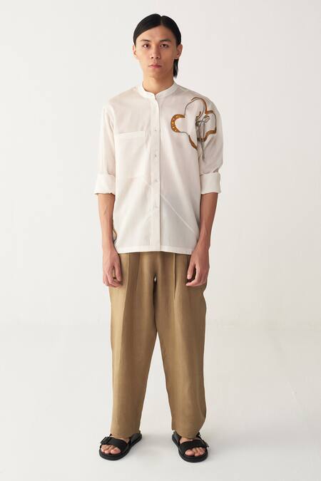 Three_Ivory Chanderi Embroidery Floral Rope Shirt _Online_at_Aza_Fashions