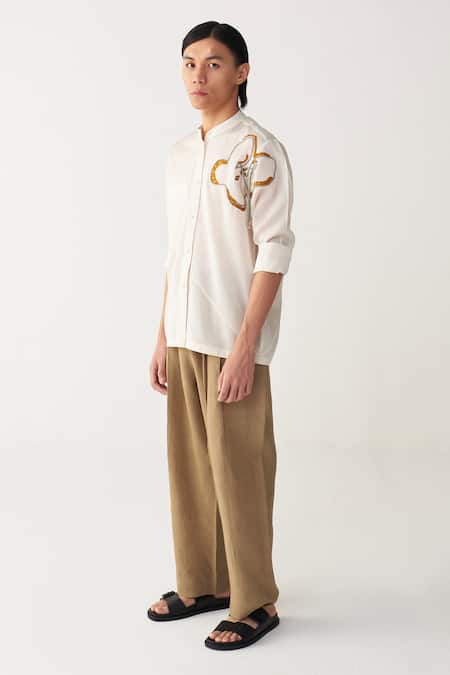 Shop_Three_Ivory Chanderi Embroidery Floral Rope Shirt _Online_at_Aza_Fashions