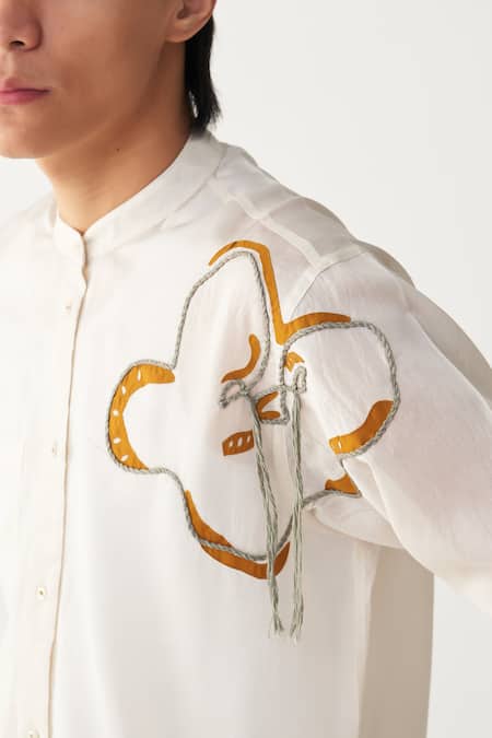 Three_Ivory Chanderi Embroidery Floral Rope Shirt _at_Aza_Fashions