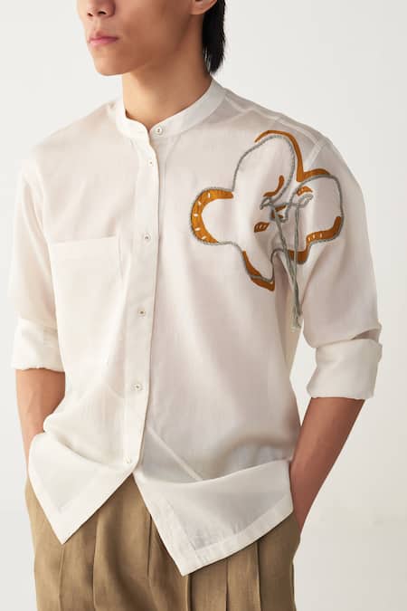 Buy_Three_Ivory Chanderi Embroidery Floral Rope Shirt 
