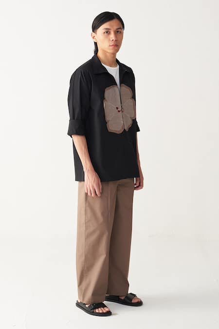 Buy_Three_Black Poplin Embroidery Floral Patch Shacket _Online_at_Aza_Fashions