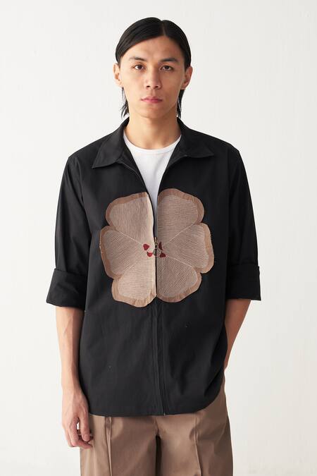 Shop_Three_Black Poplin Embroidery Floral Patch Shacket _Online_at_Aza_Fashions