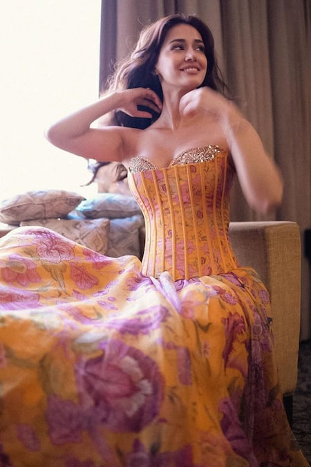 Mahima Mahajan Mustard Yellow Floral Print Corset Gown 
