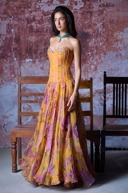 Buy_Mahima Mahajan_Yellow Organza Beads, Sequins Sweetheart Neck Mustard Floral Print Corset Gown _Online_at_Aza_Fashions