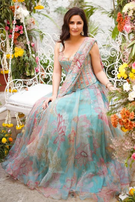 Mahima Mahajan Floral Embroidered Aquamarine Lehenga Set 