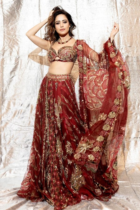 Mahima Mahajan Mirror Embroidered Red Lehenga Set 