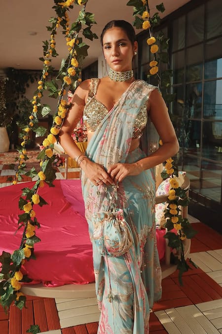 Shop_Mahima Mahajan_Blue Georgette Sequins, Mirrors Bloom Print Embellished Pre-draped Saree 