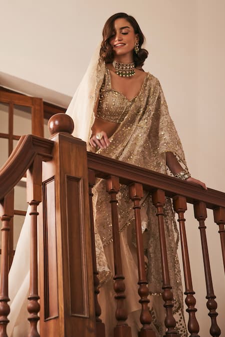 Label Sanya Gulati_Ivory Silk, Organza Sequins, Mirrors, Cut Work Gold Pre-draped Saree With Blouse _Online_at_Aza_Fashions