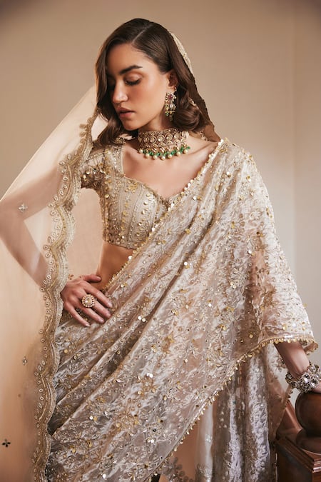 Buy_Label Sanya Gulati_Ivory Silk, Organza Sequins, Mirrors, Cut Work Gold Pre-draped Saree With Blouse _Online_at_Aza_Fashions
