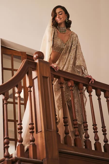 Label Sanya Gulati Ivory Gold Pre-Draped Saree with Blouse 