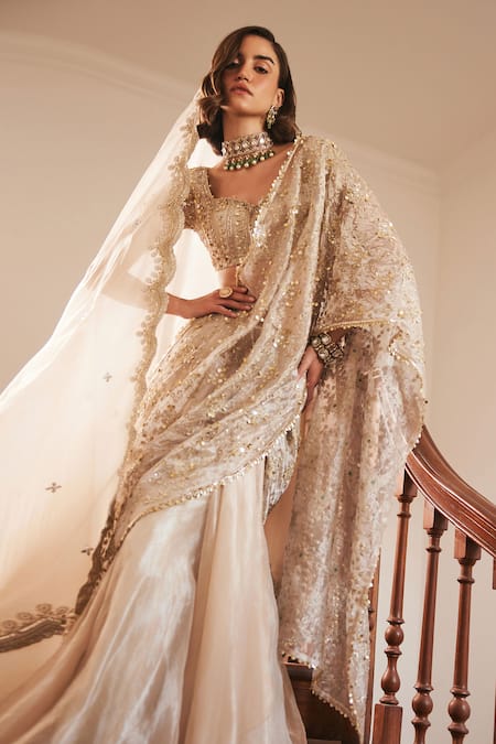 Label Sanya Gulati Ivory Gold Pre-Draped Saree with Blouse 