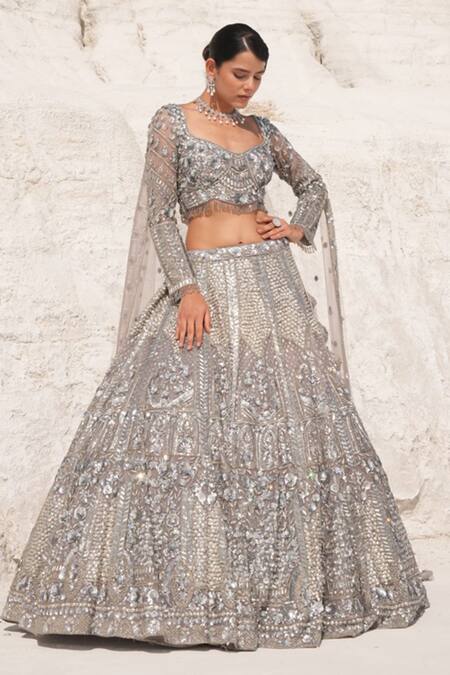 Buy_House Of Sikka_Gray Net Sequins, Embroidery Round Neck Steel Grey Embellished Lehenga Set 