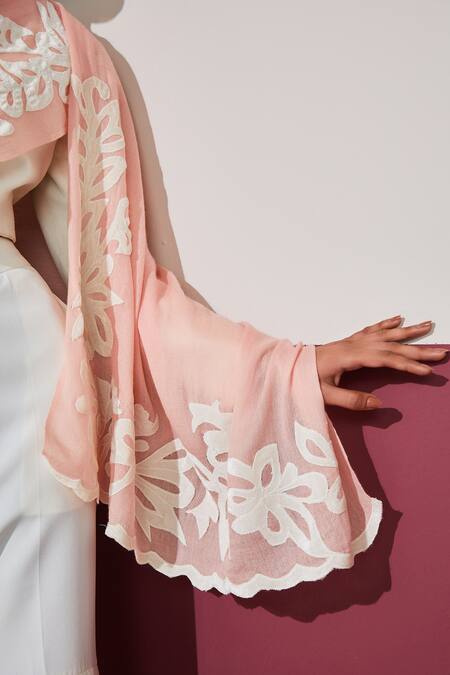 SHAZA_White Blush Applique Designer Stole_Online_at_Aza_Fashions