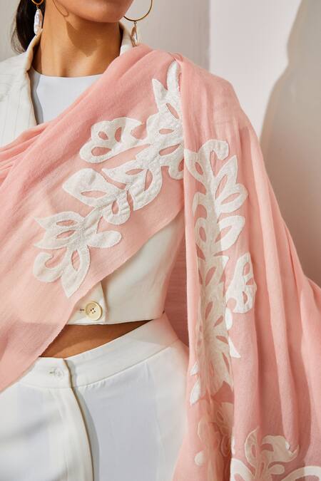 Buy_SHAZA_White Blush Applique Designer Stole_Online_at_Aza_Fashions